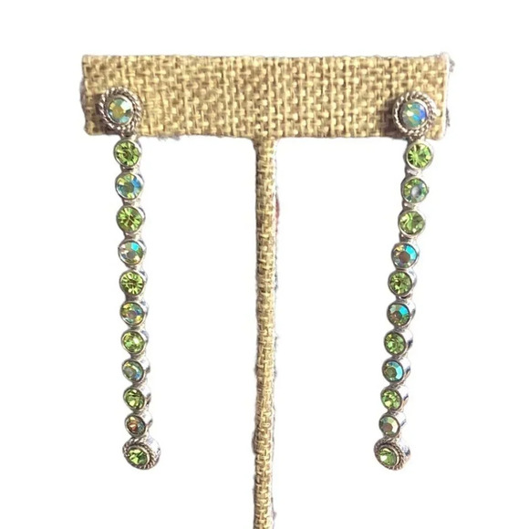 Unbranded Pierced 3" L x 1/4" W Green & Silver Rhinestone Daggle Women's Earring - Picture 1 of 5